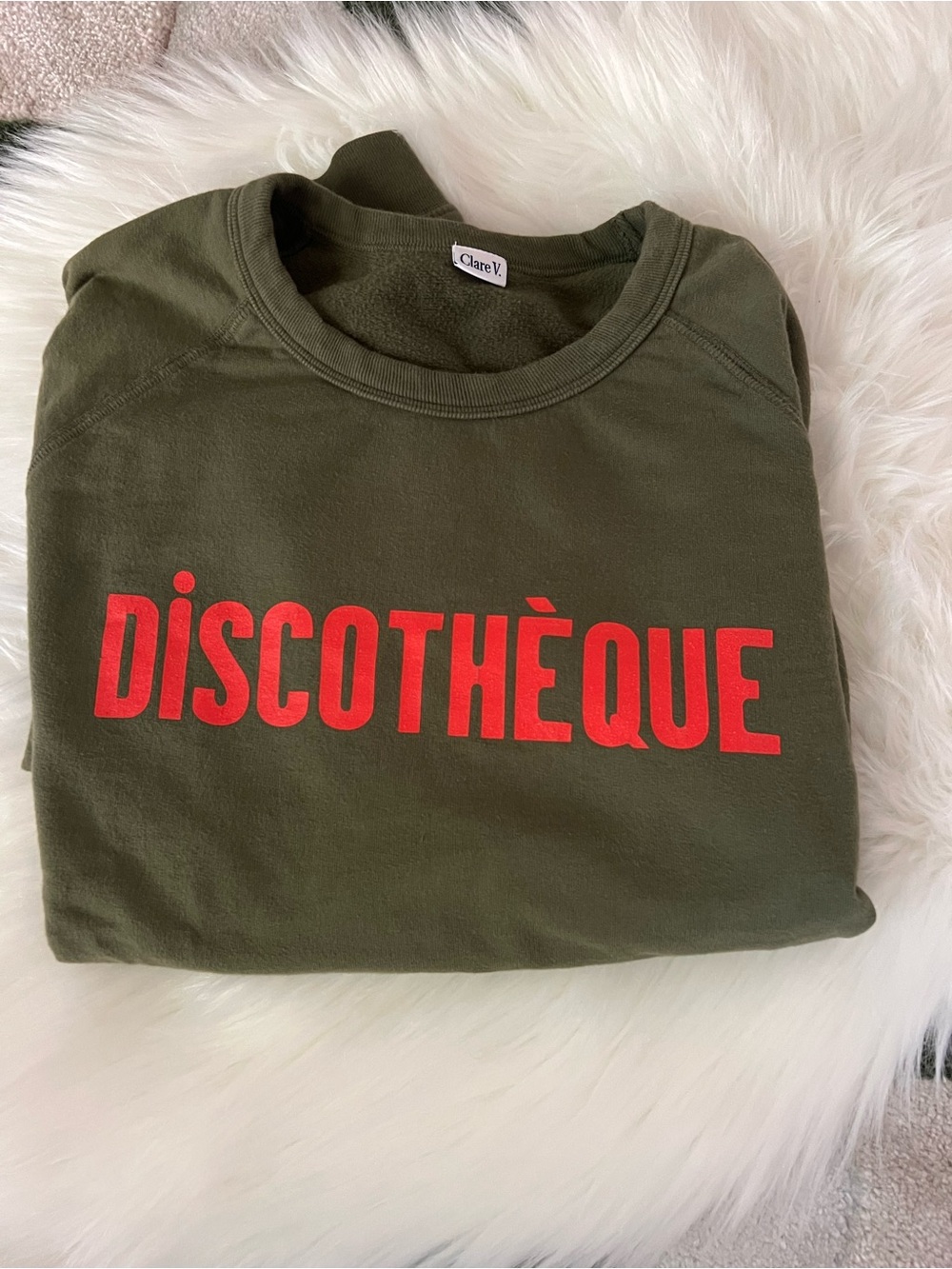 Clare V Olive Green Sweatshirt with Red DISCOTHÈQUE Graphic